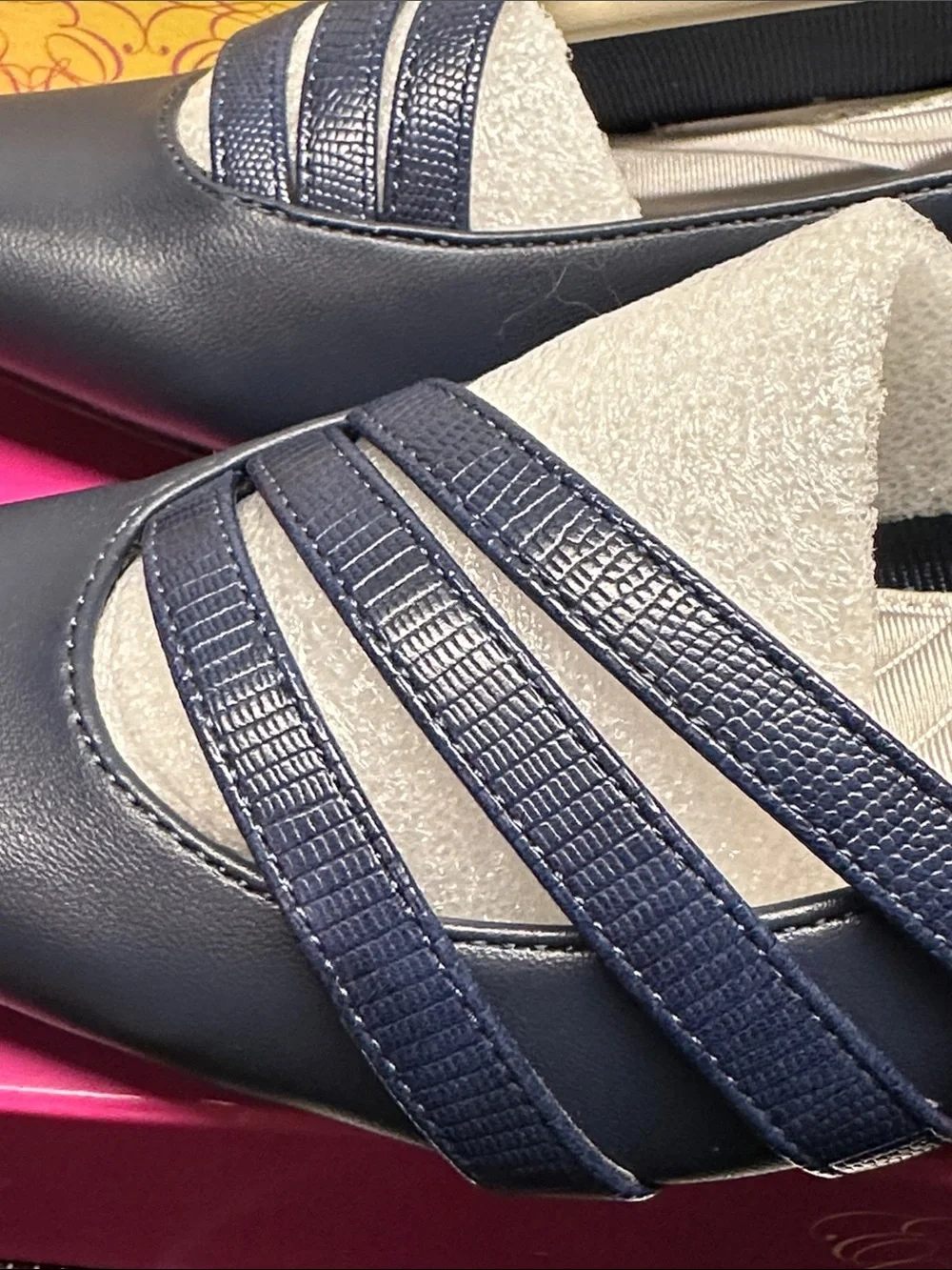 Easy Street Navy Low Block Heel Pumps with Textured Straps 7m Ladies NIB
